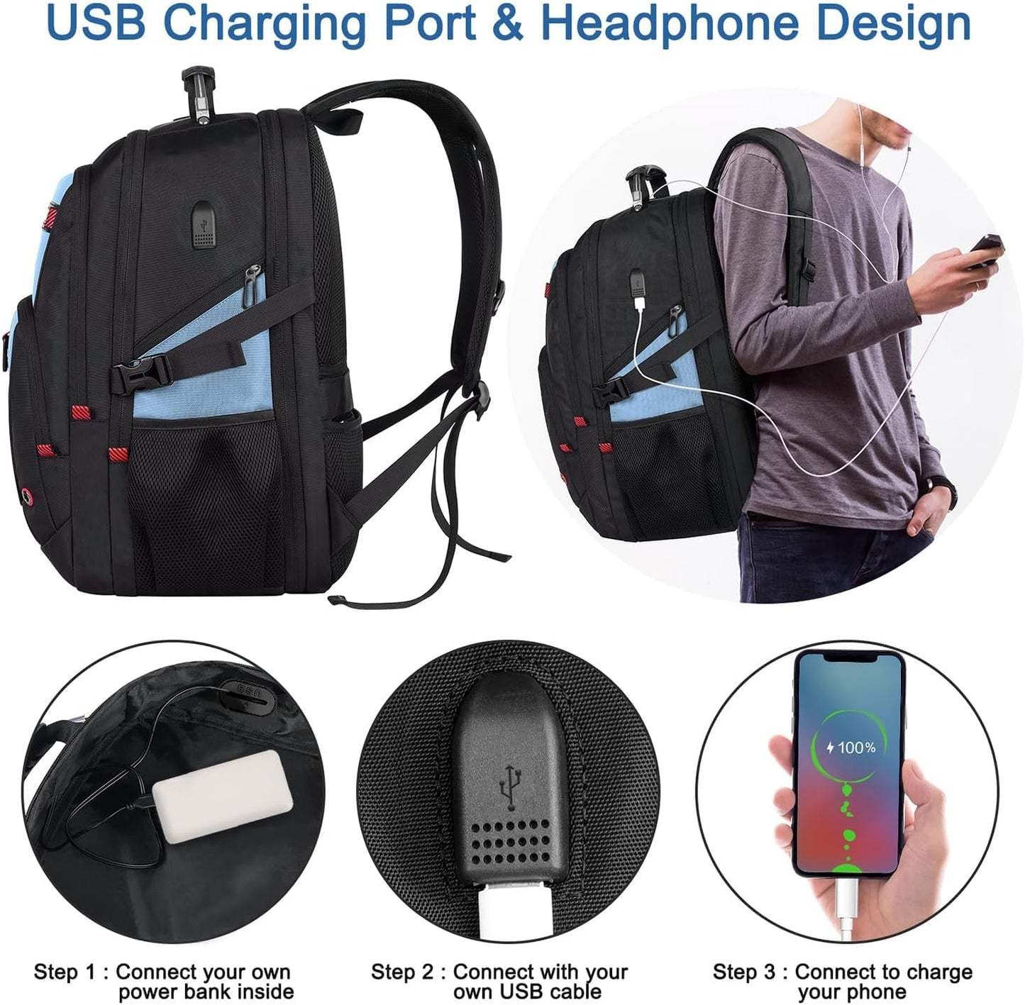 Z-MGKISS Big Backpack for Travel, 52L Large Anti-Theft Computer Backpack for Women Men, Heavy Duty Laptop Bag 17.3 Inch with USB Port, College Business Work Daypack, Lake Blue