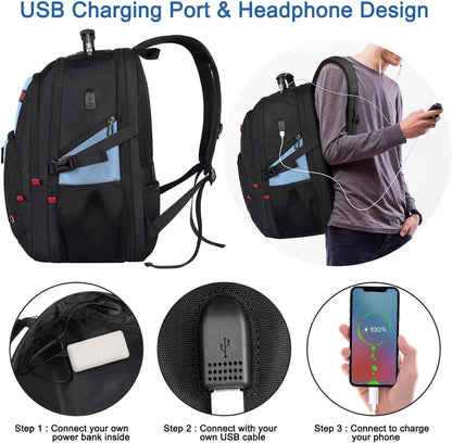 Z-MGKISS Big Backpack for Travel, 52L Large Anti-Theft Computer Backpack for Women Men, Heavy Duty Laptop Bag 17.3 Inch with USB Port, College Business Work Daypack, Lake Blue