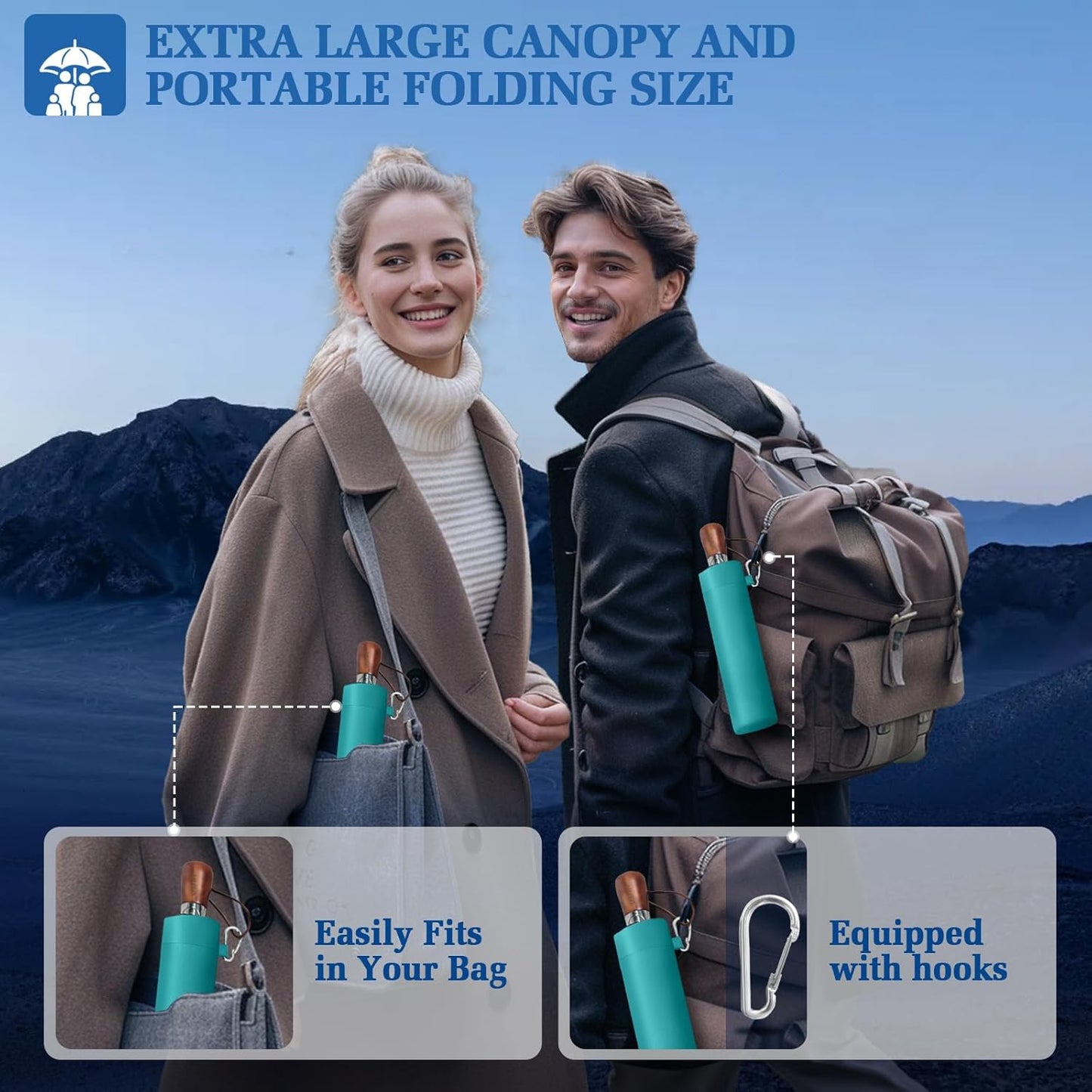 3T Wind Armor Travel Umbrella Compact Easy Auto Open Close Folding Umbrellas for Rain Windproof Umbrella for Women and Men Durable Real Wood Handle Portable Fits Backpack Car