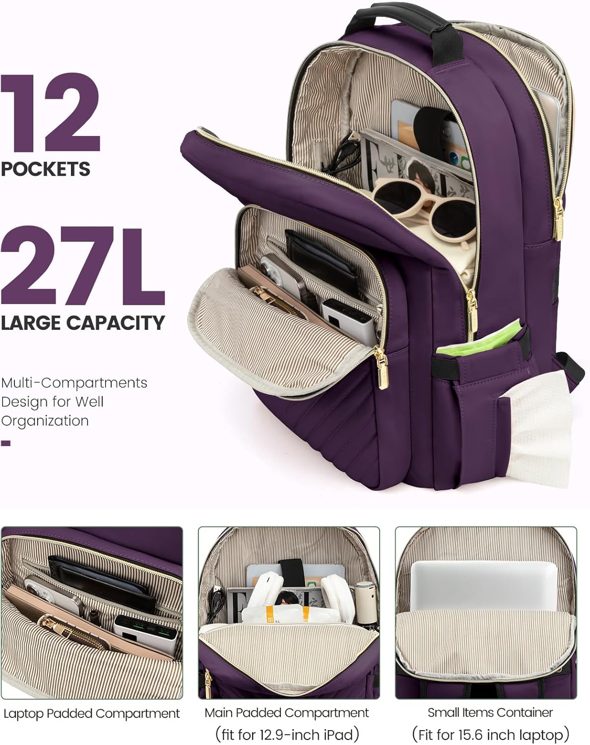 LOVEVOOK Laptop Backpack Purse for Women, Work Travel Computer Bags, College School Backpack for Student Girl, Quilted Casual Daypack with USB Port, Fit 15.6 Inch Laptop, Deep Plum