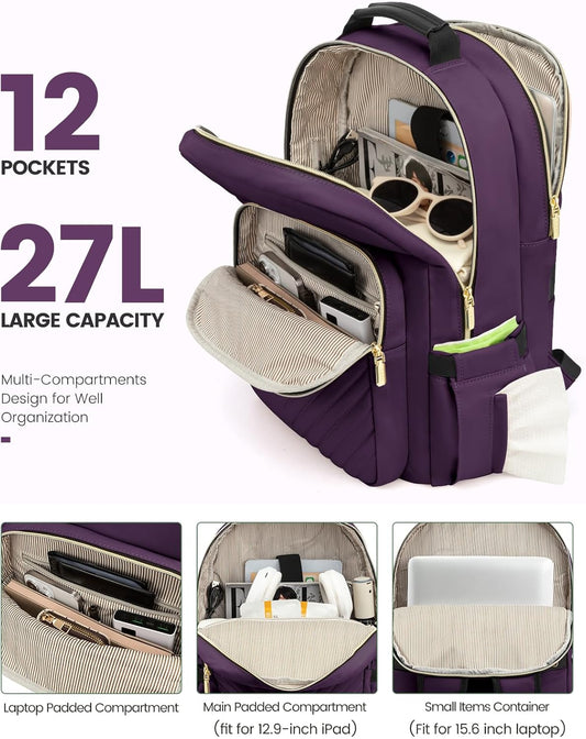 LOVEVOOK Laptop Backpack Purse for Women, Work Travel Computer Bags, College School Backpack for Student Girl, Quilted Casual Daypack with USB Port, Fit 15.6 Inch Laptop, Deep Plum