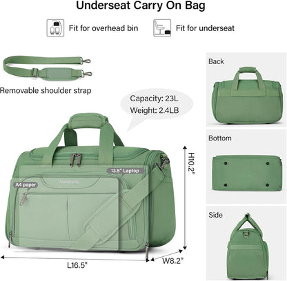 Hanke Underseat Carry On luggage Bags for Travel, Foldable Travel Bags for Women, Soft Lightweight Personal Item Travel Bag Small Carry On Bags for Airplanes, Travel Tote Bags for Women Men. Green