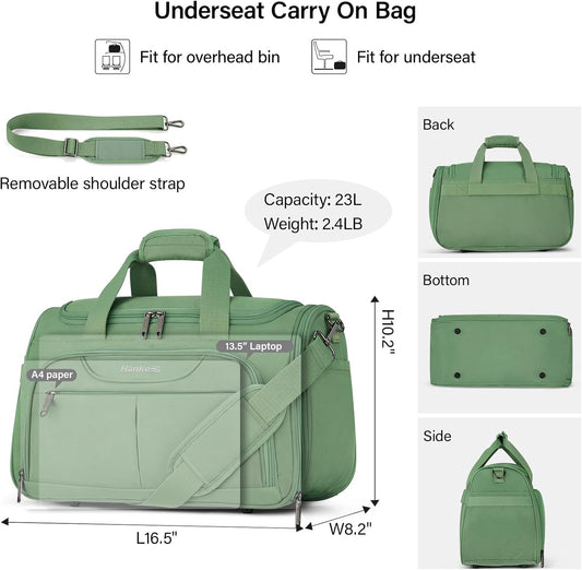 Hanke Underseat Carry On luggage Bags for Travel, Foldable Travel Bags for Women, Soft Lightweight Personal Item Travel Bag Small Carry On Bags for Airplanes, Travel Tote Bags for Women Men. Green