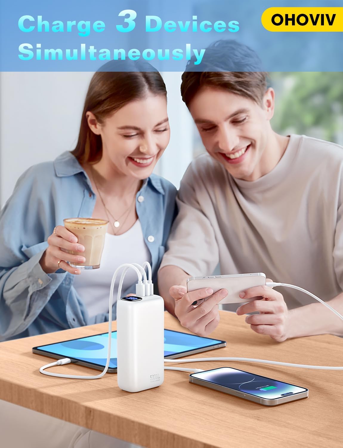 Portable Charger 50000mAh Power Bank - 22.5W Fast Charging External Battery Pack, LED Display USB-C Portable Cell Phone Charger for iPhone 16/15/14/13 Pro, Android, Samsung Galaxy, Etc(White)