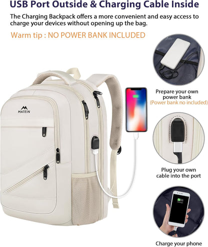 MATEIN Extra Large Travel Backpack for Women, 18 Inch TSA College Backpack with Multiple Pockets and USB Charging Port, 50 L Business Work Carry On Computer Bags, Cream Beige