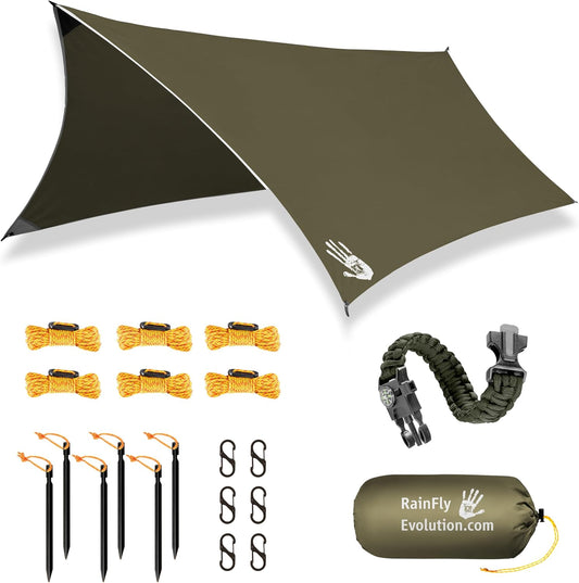Rain Fly 12x10 Lightweight Survival Camping Tarp; 100% Waterproof; Makes a Great Backpacking Tarp or Hammock Shelter; Comes in Multiple Colors, Survival Bracelet Included; OD-Green