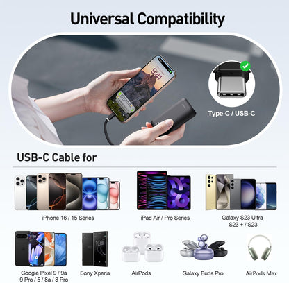 iWALK Mini Portable Charger 10,000mAh, 22.5W USB-C Fast Charging Power Bank with Built-in Cable, Travel Essential Ultra-Small Battery Pack Compatible for iPhone 16/16 Pro/15, Samsung, Google, Black