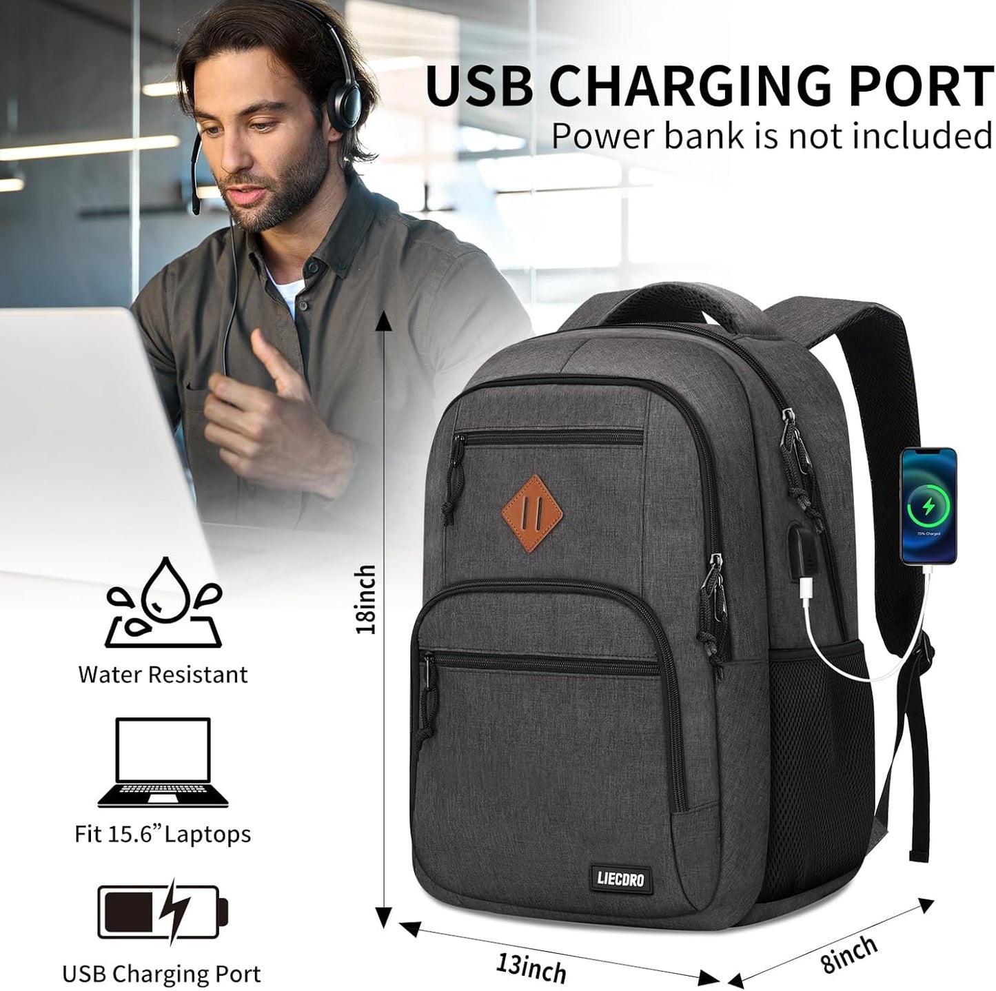 Black Backpacks for Men, Backpack for School, School Backpack for Boys Teens, 15.6 inch Laptop Back Pack with USB Charging Port, College Book Bag, Business Work Travel Bookbag, mochilas para hombres