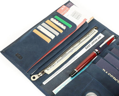 CONTACTS Full Grain Leather Family Passport Holder for 4 Airtag Passport Wallet RFID Blocking Travel Passport Cover with 4 Passport Slot, 6 Card Slot (Blue)