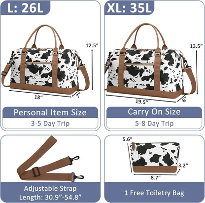 Travel Duffle Bag for Women, Weekender Bags, Hospital Bag for Labor Delivery, Lightweight Tote Duffel Overnight Bag with Luggage Sleeve, Airplane Travel Bags with Toiletry Bag, X-Large, Cow