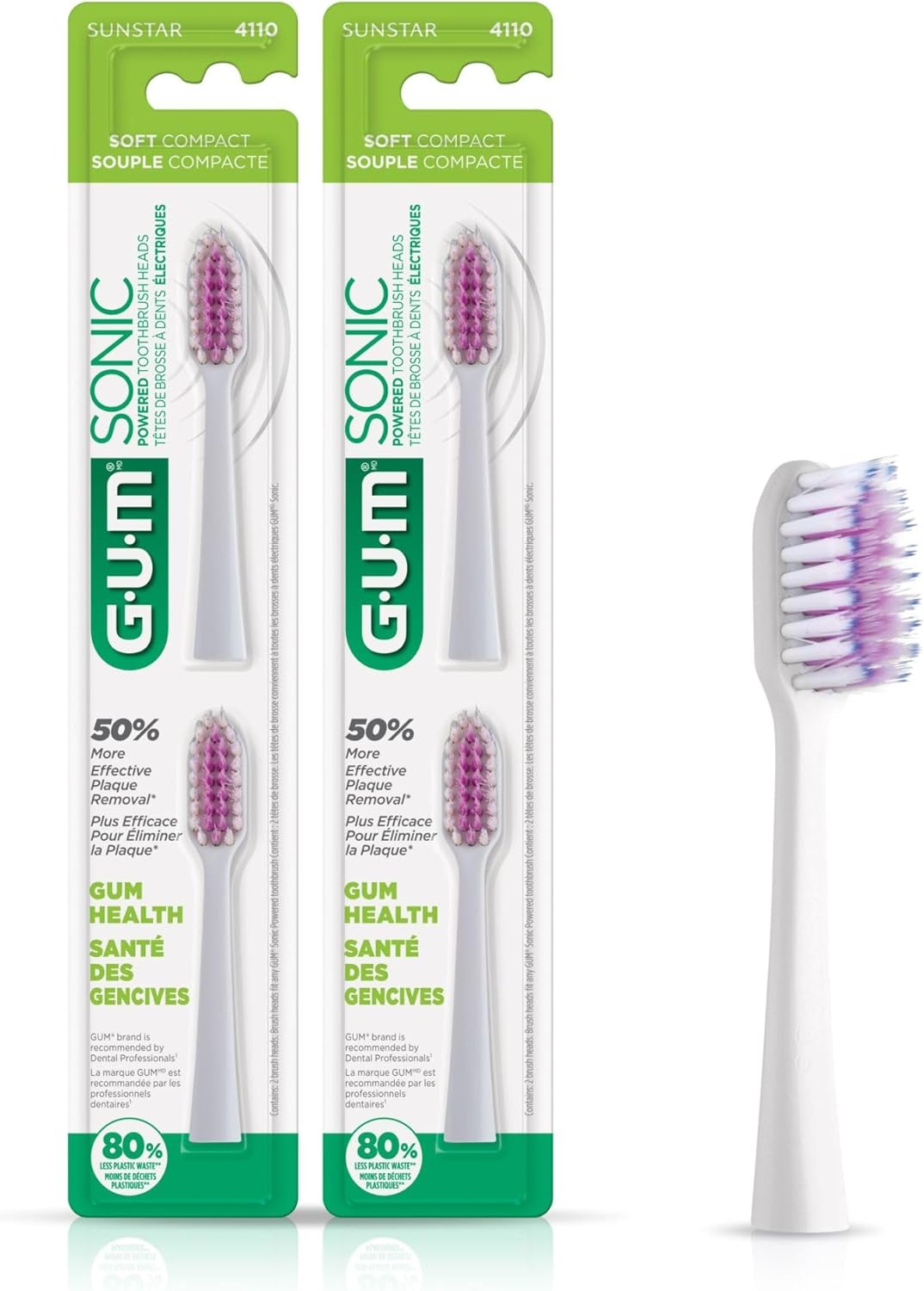 GUM Sonic Powered Toothbrush Refills, Tapered Bristles Clean Below The Gumline, White 2ct. (Pack of 2)