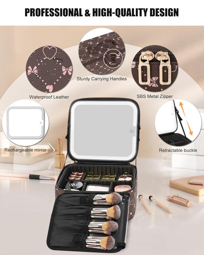 Relavel Travel Makeup Bag With LED Mirror, Portable Cosmetic Organizer Bag with Adjustable Brightness in 3 Color Scenarios, Small Train Case with Detachable Dividers for Trip- Brown Bowknot