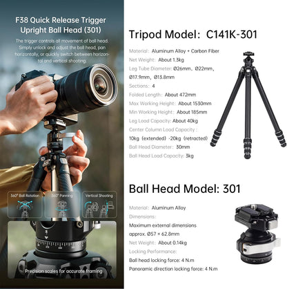 FALCAM TreeRoot F38 Quick Lock Lite Carbon Fiber Travel Tripod with Ball Head Load Capacity 3kg/6.6lbs, Max Vertical Payload 40Kg/88lbs for Cameras, All-Terrain Stability (C141K-301)