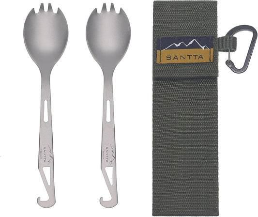 SANTTA Titanium Camping Spork Set of 2 Piece, Spoon Fork and Bottle Opener 3 in 1, Ultra light Multifunctional Ti Utensils with Storage Bag for Camping Backpacking Hiking Fishing Picnic and Travel