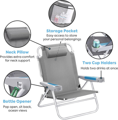 ICECO Backpacking Beach Chairs for Adults, 5 Positions Reclining Chair, Heavy Duty Folding Chairs, Portable Lay Flat Outdoor Chair with Cup Holder for Beach, Camping, Lawn, 350lb Capacity