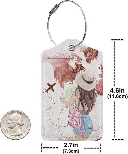 2 Pack Luggage Tags for Suitcase,Travel Girl PU Leather Travel Luggage Tag with Privacy Flap, Name ID Label and Metal Loop for Women Men Suitcase Baggage Bag Backpack