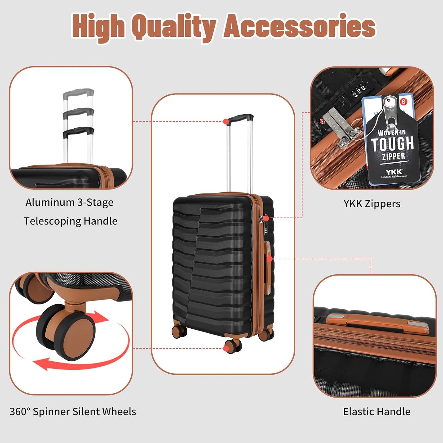 5-Piece Lightweight Luggage with Backpack Sets, ABS+PC Hard Shell Suitcase with TSA Lock & YKK Zipper (Black Brown, 20in/24in/28in/BP/TB)