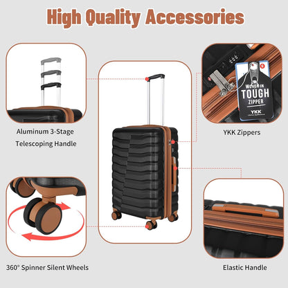 5-Piece Lightweight Luggage with Backpack Sets, ABS+PC Hard Shell Suitcase with TSA Lock & YKK Zipper (Black Brown, 20in/24in/28in/BP/TB)