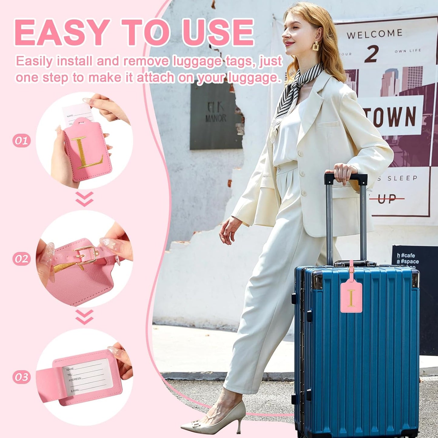 Personalized Initial Luggage Tags for Suitcase, Pink Leather Cute Luggage Tags with Privacy Cover Name Card, Embroidered Custom Monogrammed Luggage Tag Travel Bag Baggage Tags Gifts for Women Kids(I)