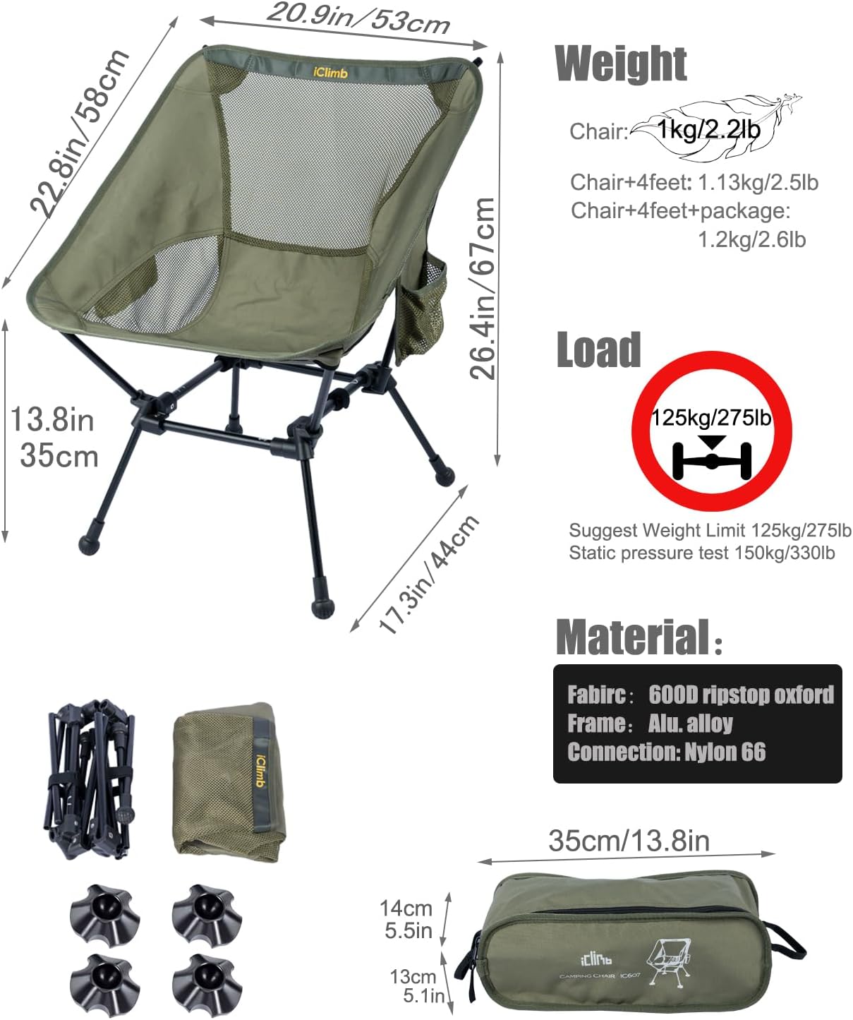 iClimb Ultralight Compact Camping Folding Beach Chair with Anti-Sinking Large Feet