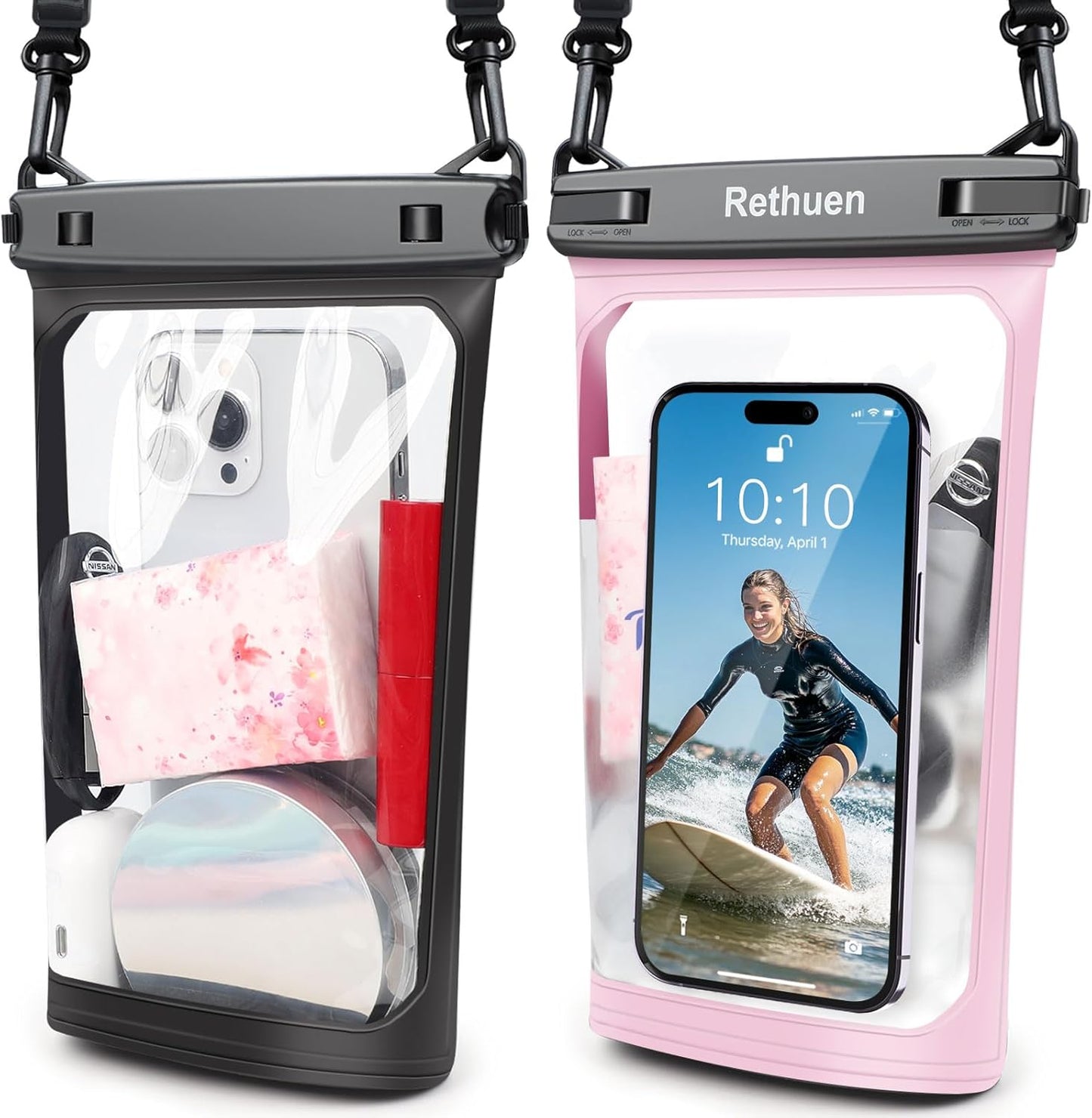 Large Floating Waterproof Phone Pouch, 2Pack Cell Phone Dry Bag for iPhone 16 15 14 13 12 Pro Max Galaxy S24 S23 S22 All Phones, Float Water Proof Bag for Beach Water Park (Black + Pink)