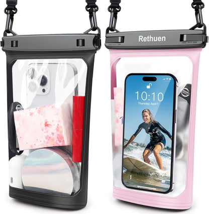 Large Floating Waterproof Phone Pouch, 2Pack Cell Phone Dry Bag for iPhone 16 15 14 13 12 Pro Max Galaxy S24 S23 S22 All Phones, Float Water Proof Bag for Beach Water Park (Black + Pink)
