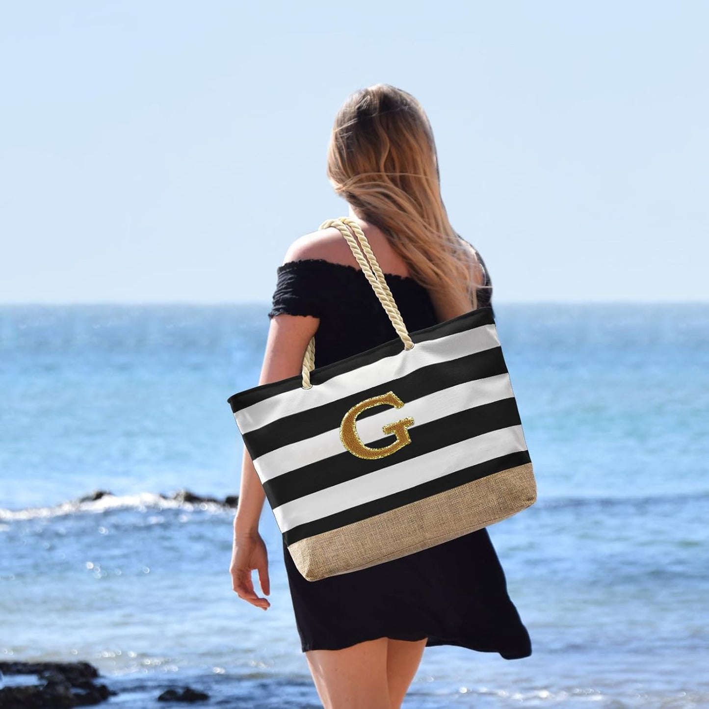 Becokan Beach Bag Initial Beach Tote with Makeup Bag for Travel Work Storage Personalized Birthday Gifts for Women Her