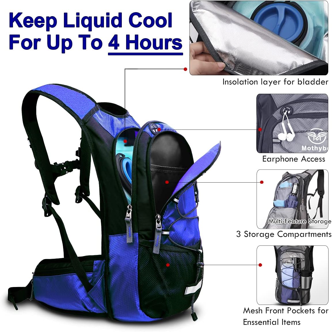 Insulated Hydration Backpack Pack with 3L BPA Free Leak Proof Water Bladder, Large Storage Lightweight Hiking Daypack with Waist Pouches & Cooler Layer, for Running, Biking, Camping, Festival