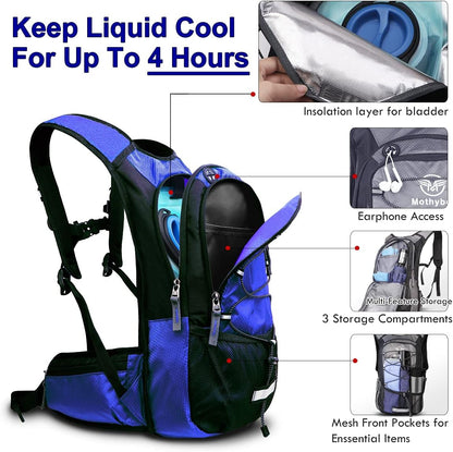 Insulated Hydration Backpack Pack with 3L BPA Free Leak Proof Water Bladder, Large Storage Lightweight Hiking Daypack with Waist Pouches & Cooler Layer, for Running, Biking, Camping, Festival