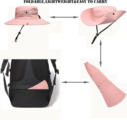 Womens Summer Sun Hat Beach Hat Wide Brim Outdoor UV Protection Hat Foldable Cool Mesh Ponytail Bucket Hat