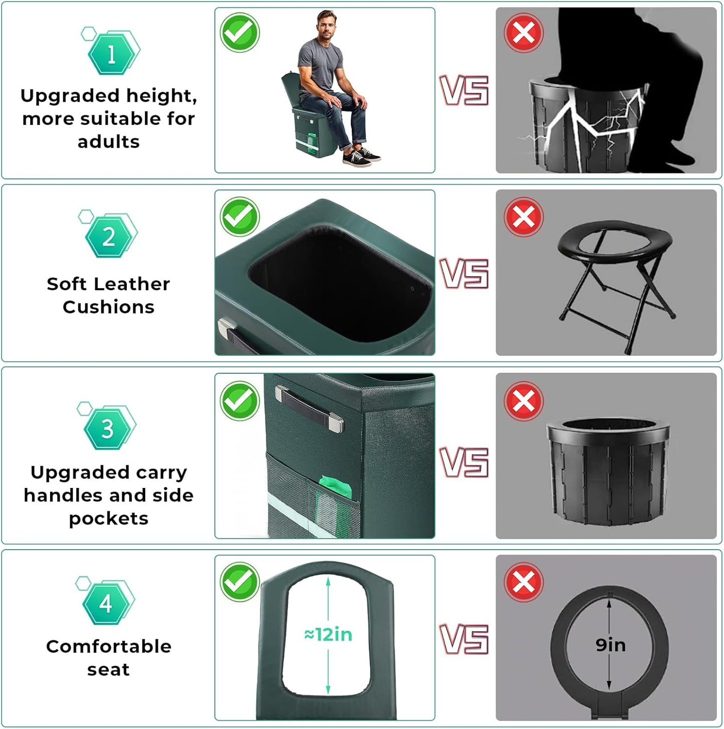 2025 Upgraded 16.5'' XL Portable Toilet for Adults,Tall Camping Toilet with Lid and Convenient Carry Bag, Portable Potty for Camping, Hiking, Car Travel,Truck, RV, Boating, Road Trips, Beach (Green)