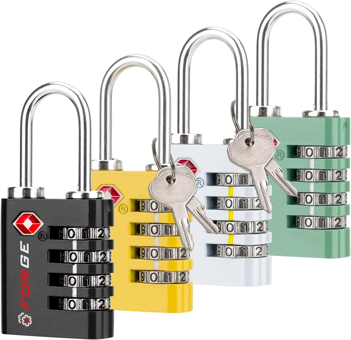 Forge Dual-Opening: Key or Combination Access Lock, TSA Approved Locks for Luggage, Pelican case, Travel, Gym, School, Stainless Steel Shackle. (Multi Color, 4 Pk)
