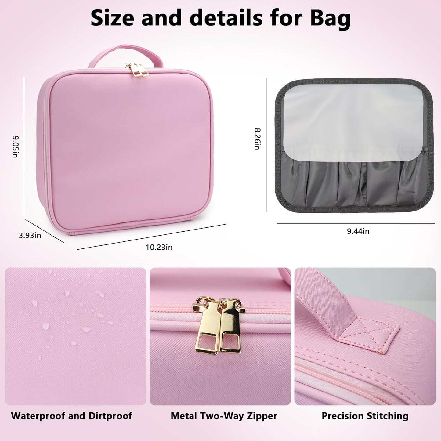 Travel Makeup Bag with LED Mirror Travel Makeup Organizer with 3 Lighted Settings, Adjustable Dividers and Makeup Brush Storage Bag Light Pink