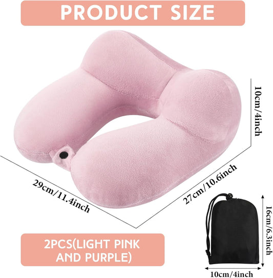 Sintuff 2 Pack Inflatable Travel Pillow for Airplanes Inflatable Neck Flight Pillows with Compact Bag and Blindfold for Traveling, Airplane, Train, Car, Office(Light Pink and Violet)