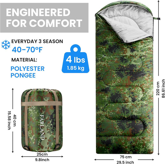 FARLAND Sleeping Bags 30℉ for Adults Teens Kids with Compression Sack Portable and Lightweight for 3-4 Season Camping, Hiking,Waterproof, Backpacking and Outdoors
