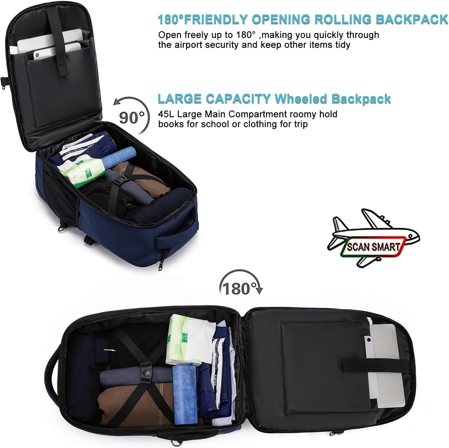 Rolling Backpack for Adults, 17inch Laptop Travel Backpack with Wheels Waterproof Roller Backpacks for Women Men Student Large College Business Suitcase Carry on Luggage Bag Wheeled Bookbag, Blue