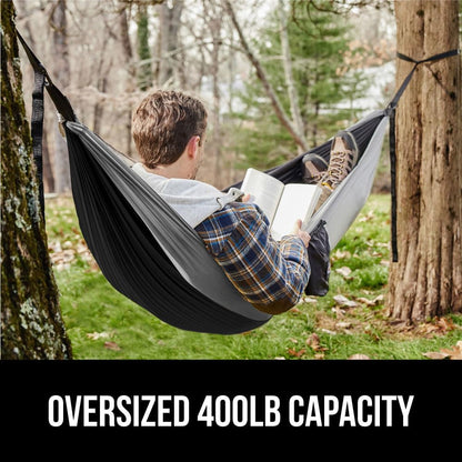 GORILLA GRIP Durable Portable Camping Hammock, Holds 400lbs with Heavy Duty Tree Straps, Comfortable Travel Swing, Camp Hammocks, Easy to Use and Install, Outdoor Essentials, Black, 9x4.5 FT