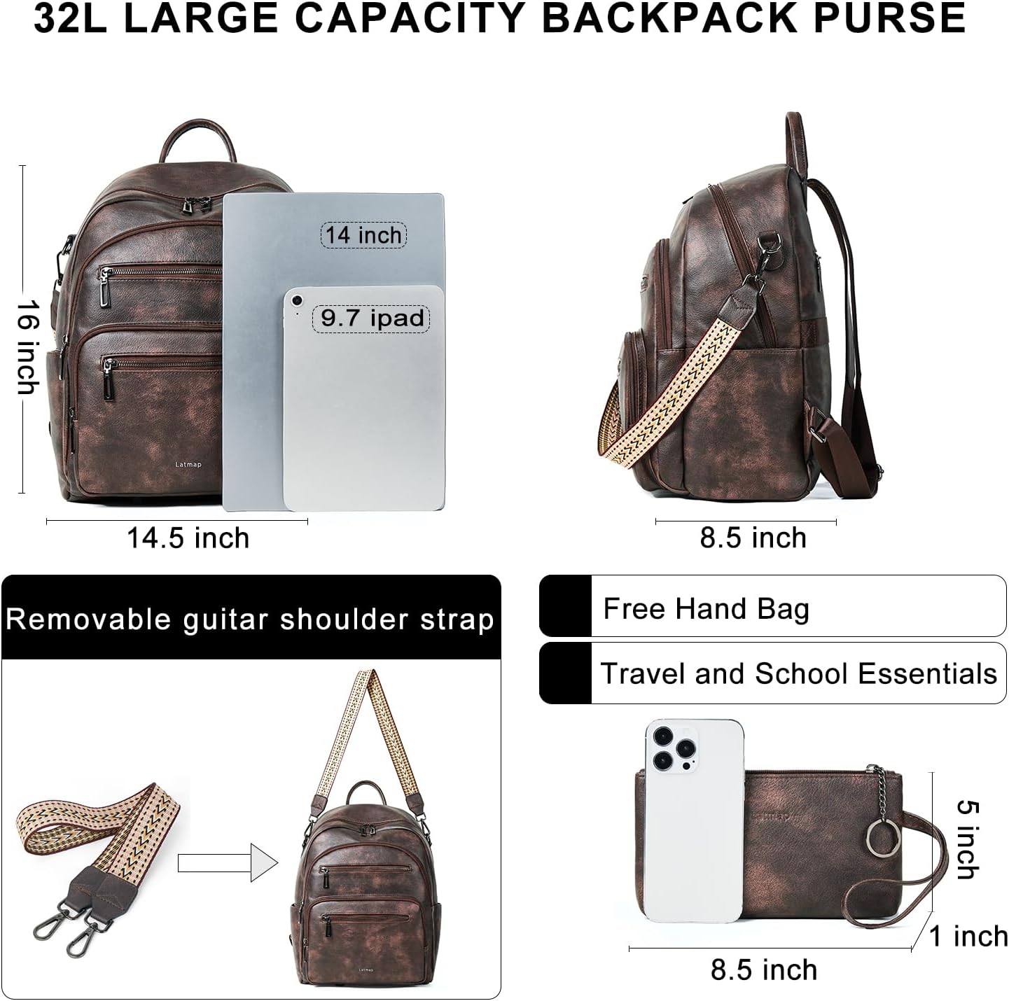 Backpack Purse for Women Laptop Backpack, Leather Travel Backpack Shoulder Bag Teacher College Daypack Work Handbag fits 14" Laptop-Coffee