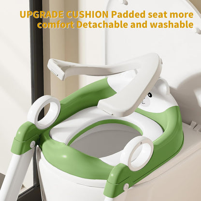 Potty Training Seat,Non Slip Foldable Toilet Training Seat with Soft Cushion, Comfortable HandlesUpgrade Toddler Toilet Seat for Kids Boys Girls,Potty Training Toilet Seat with Step Stool Ladder,Green