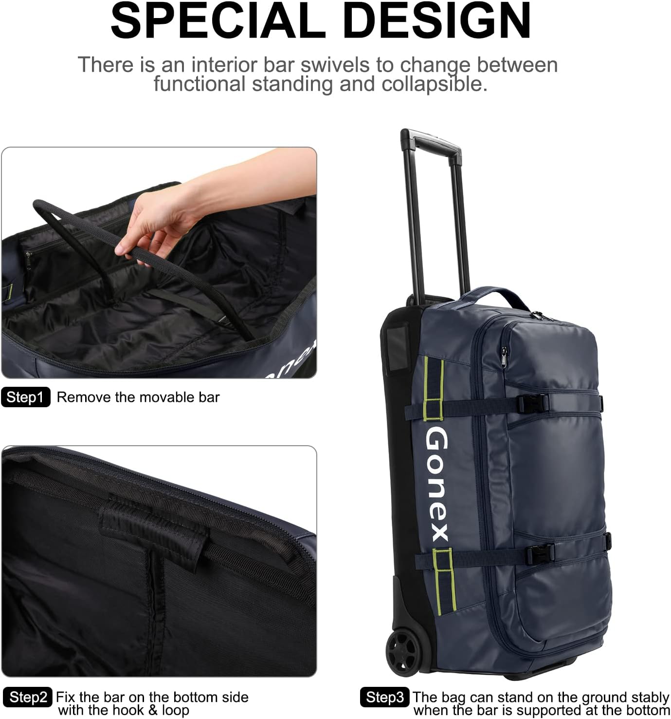 Gonex Rolling Duffle Bag with Wheels, 70L Water Repellent Wheeled Travel Duffel Luggage with Rollers 25 inch, Navy