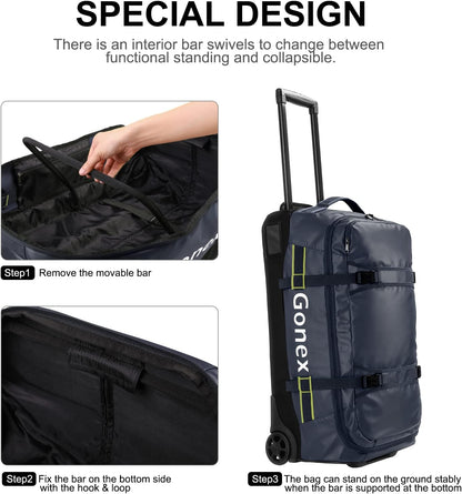 Gonex Rolling Duffle Bag with Wheels, 70L Water Repellent Wheeled Travel Duffel Luggage with Rollers 25 inch, Navy
