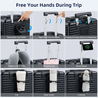 Hard Shell Suitcases Expandable Travel Luggage Sets 3 Piece, Carry on and Check in 3 Piece Luggage Suitcase Sets with Spinner Wheels Cup Holder Charger Built in (Black, 20/24/28)