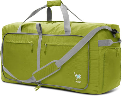 Bago Large Foldable Duffel Bags for Traveling Women & Men - 120L Packable Duffle Bag for Travel with Shoe Compartment - Water Repellant, Heavy Duty, Lightweight Folding & Collapsible (Green)