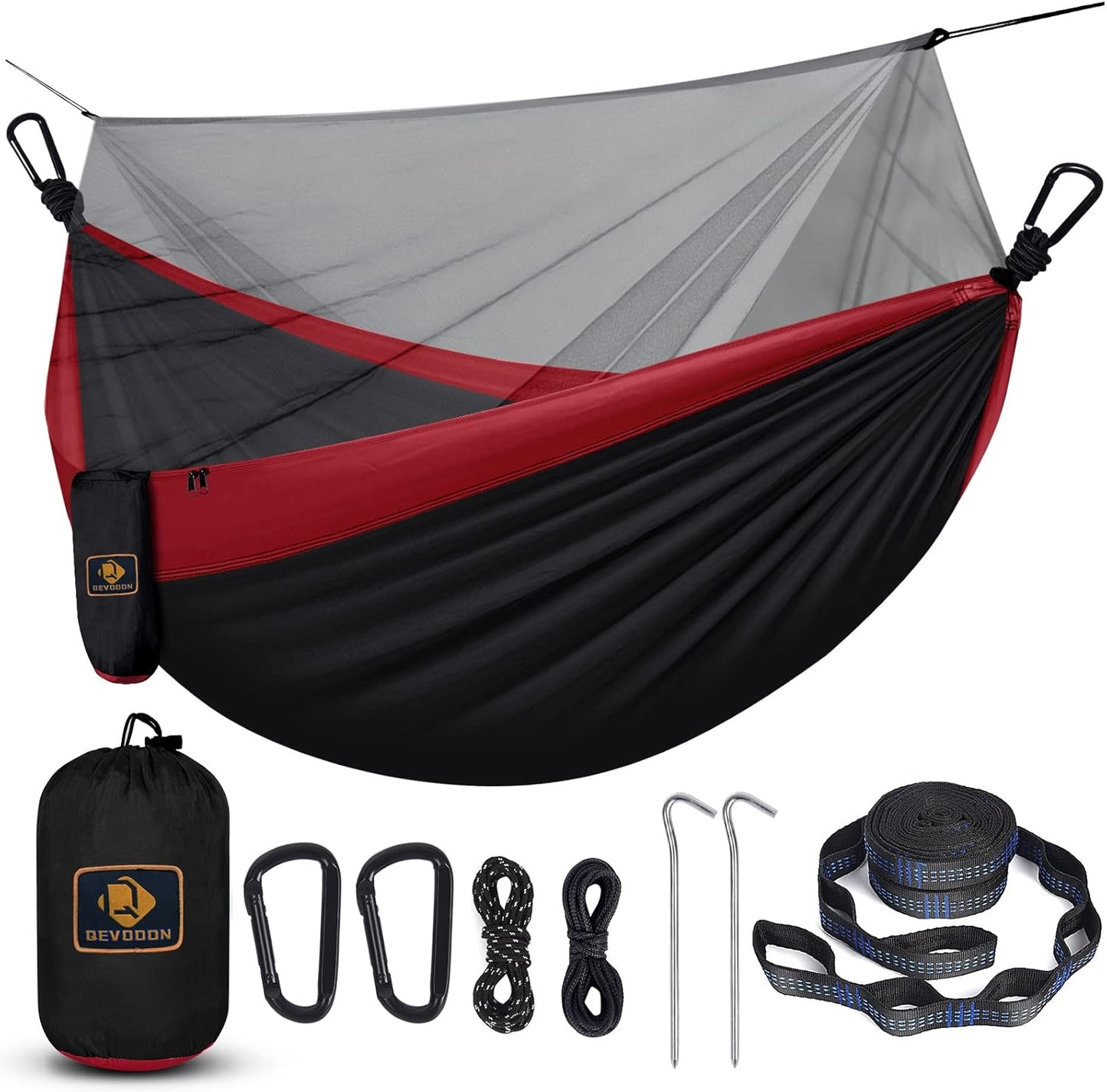 Camping Hammock with Net,Portable Lightweight Double Hammocks with Tree Straps and Solid D-Shape Carabiners,Parachute Nylon Hammock for Backpacking Beach Backyard Patio Hiking Black&Red