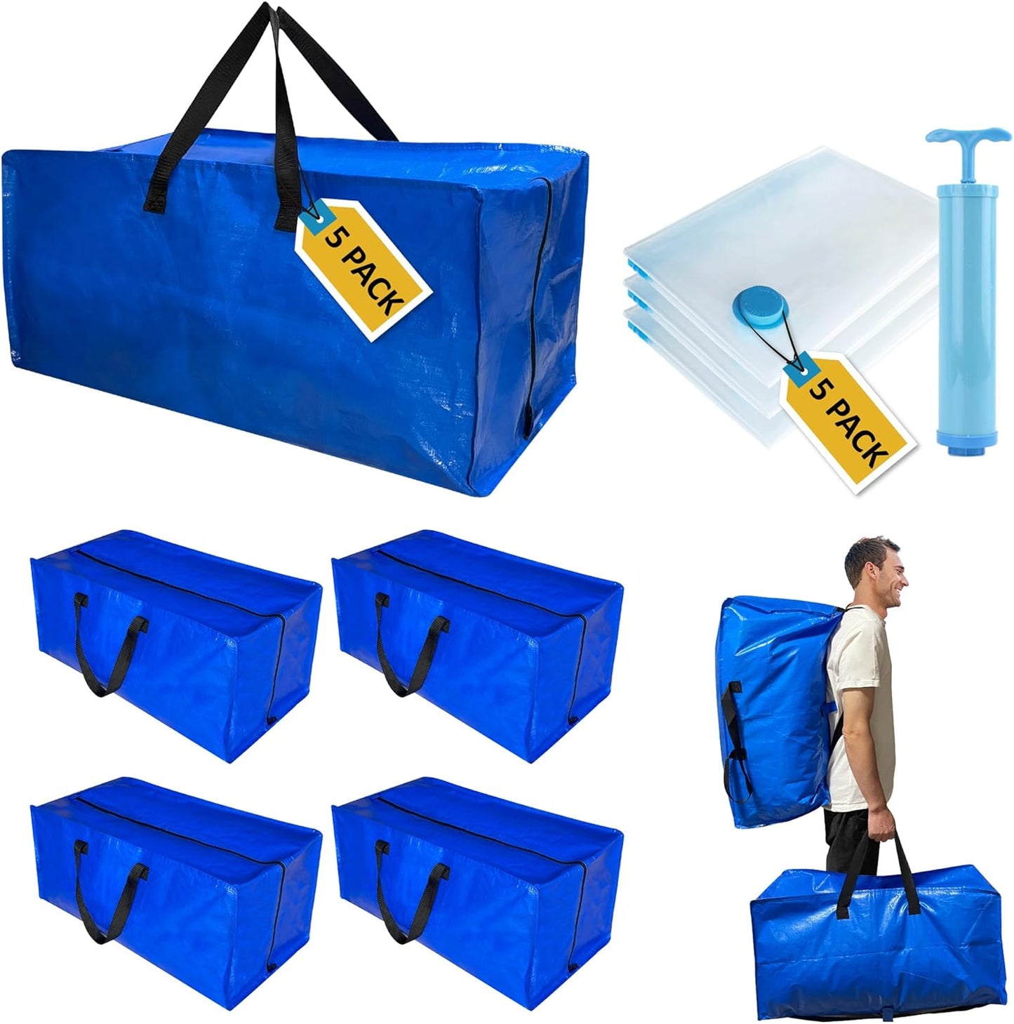 10 Pack Heavy Duty Extra Large Moving Bags with Backpack Straps & Vacuum Storage Supply Combo, Totes Handles Zippers for Space Saving, Fold Flat, Includes Bags, Blue, (HEV10)