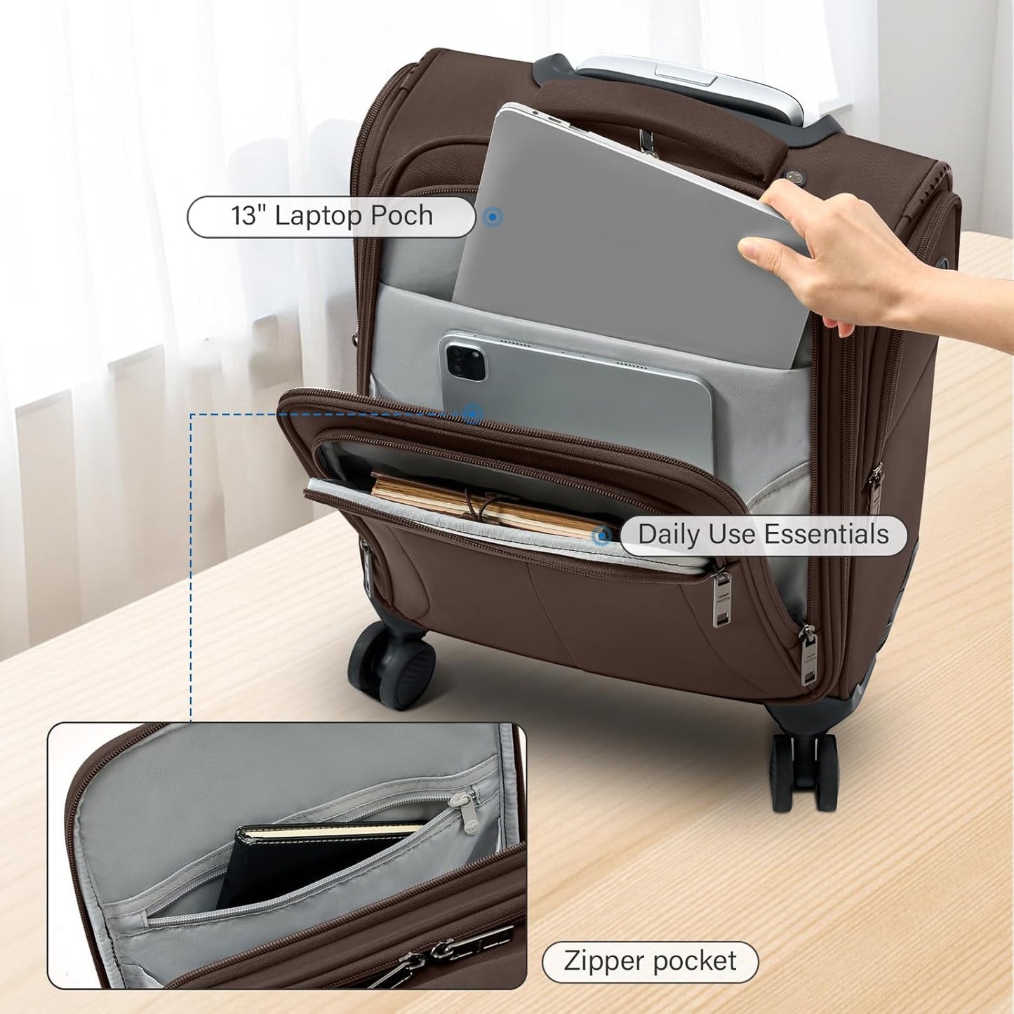 16 Inch Underseat Carry On Luggage with Wheels Softside Small Suitcases Personal Item Bag with Pocket Travel Luggage for Men Women Business Overnight Bag(Coffee)