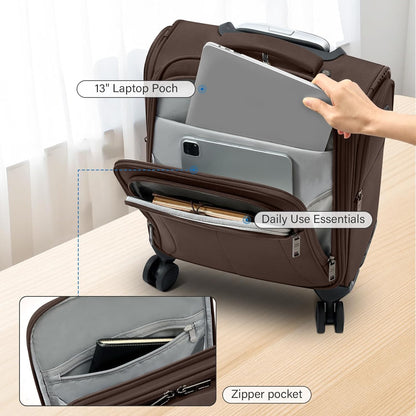 16 Inch Underseat Carry On Luggage with Wheels Softside Small Suitcases Personal Item Bag with Pocket Travel Luggage for Men Women Business Overnight Bag(Coffee)