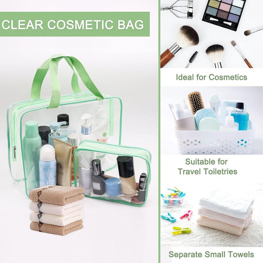 APREUTY Clear Makeup Bags, TSA Approved 6 Pcs Cosmetic Makeup Bags Set Clear PVC with Zipper Handle Portable Travel Luggage Pouch Airport Airline Vacation Organization (Green)
