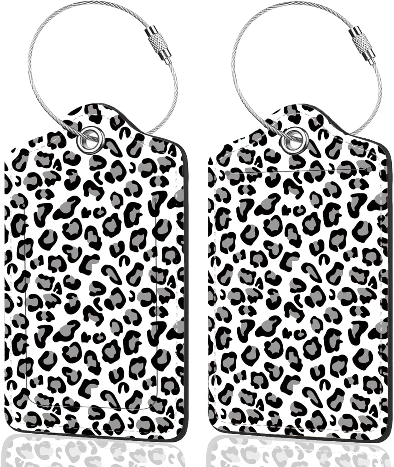 2Pack Luggage Tags for Suitcases, Cute Unique Pu Leather Cruise Luggage Tag with Privacy Cover ID Label Address Card and Metal Ring Suitable for Women Men Kids Travel Bag Gray Leopard Print
