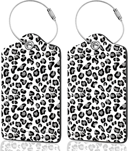2Pack Luggage Tags for Suitcases, Cute Unique Pu Leather Cruise Luggage Tag with Privacy Cover ID Label Address Card and Metal Ring Suitable for Women Men Kids Travel Bag Gray Leopard Print